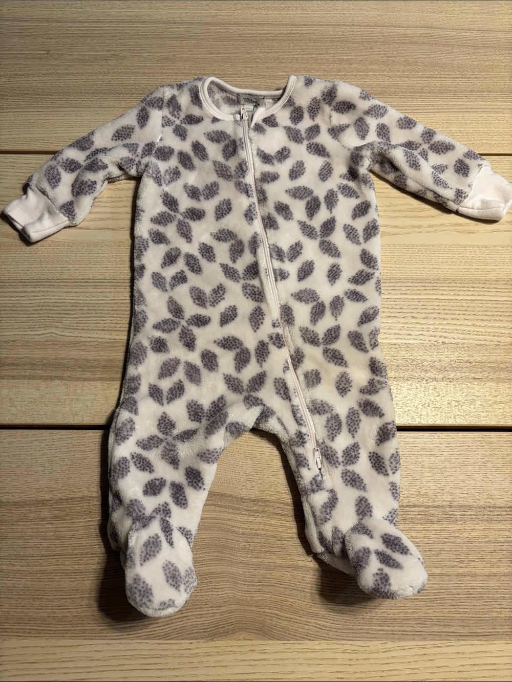 Baby Fleece Footed One-Piece with purple Leaf Print - soft pink and purple